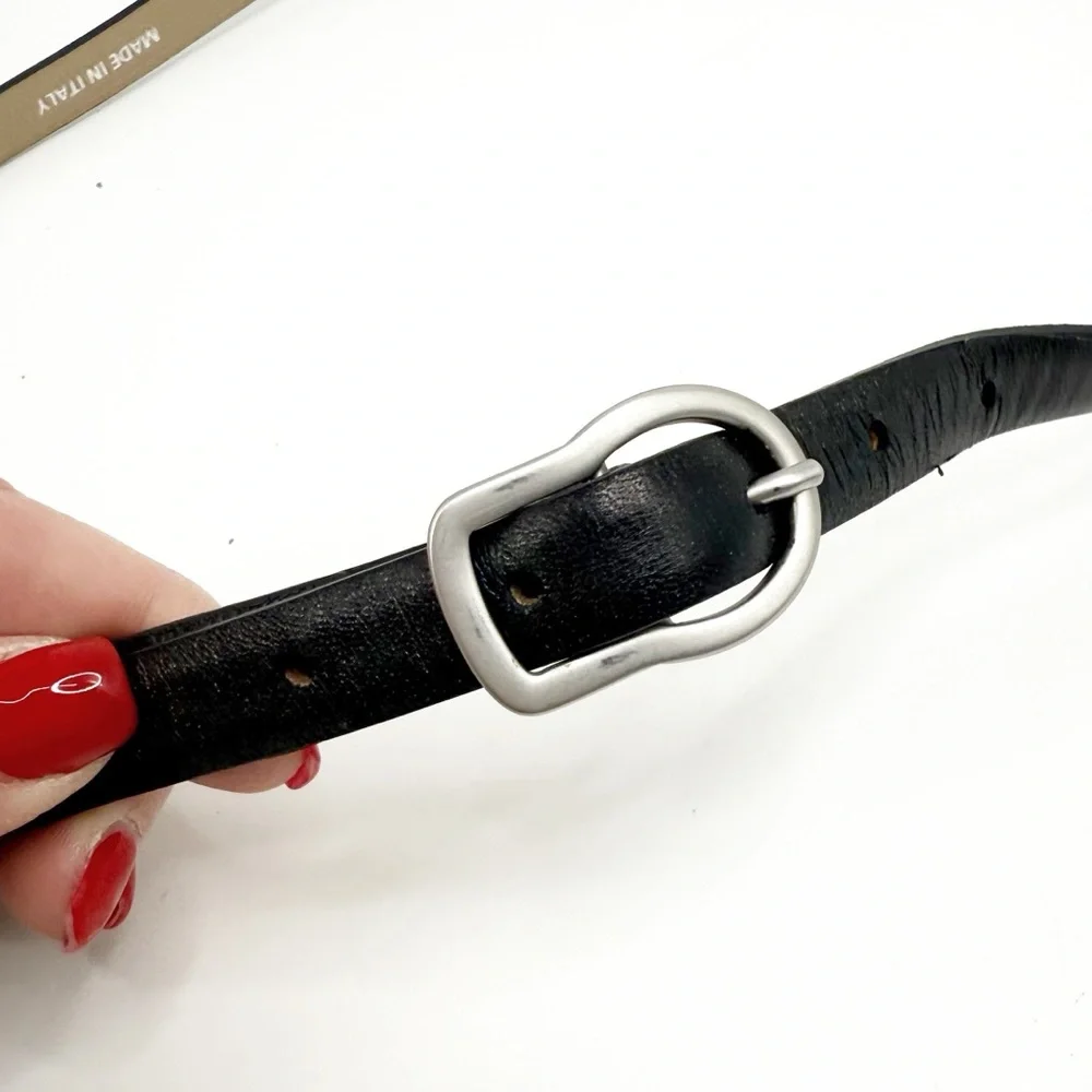 DOROTHEE SCHUMACHER Black Calfskin Embossed Leather Belt with Silver Buckle, 85